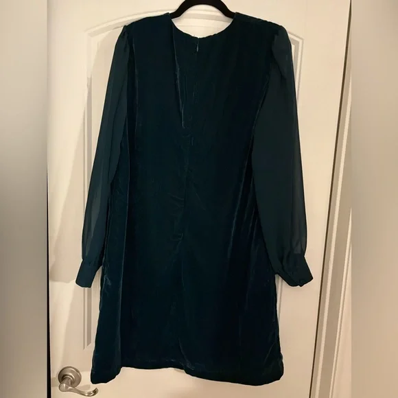 J.Crew Velvet Shift Sheath Dress + Chiffon Sleeves Teal BlueGreen Size 14  NWT